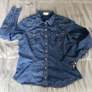 Denim Button Down blouse Shirt sz 10 dark blue